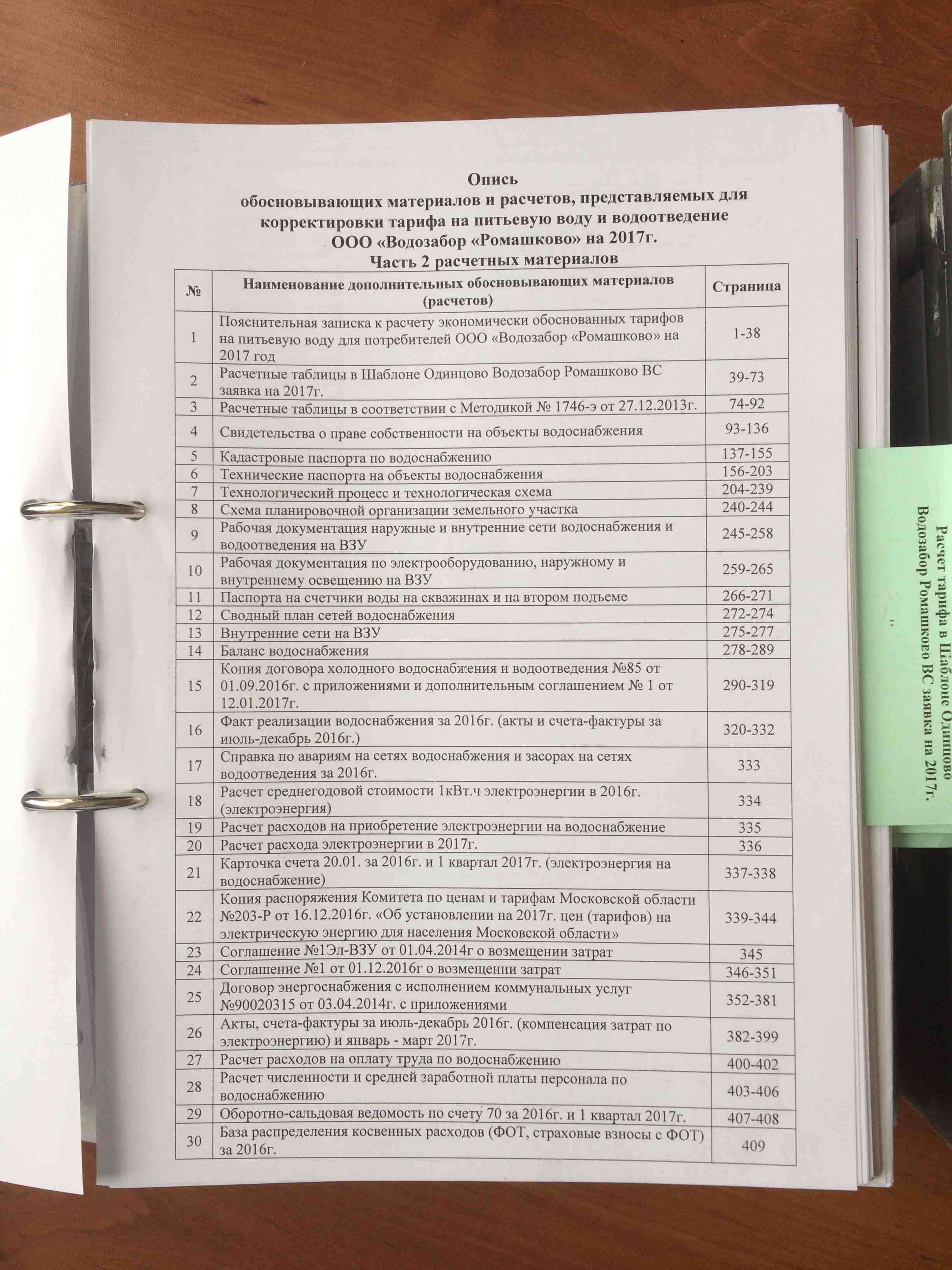 Опись к тарифной заявке по тарифам на воду 1